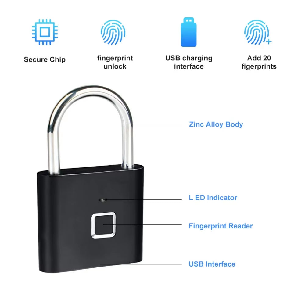 Fingerprint Lock Keyless Waterproof Anti-Theft Smart Lock Fingerprint Padlock Zinc Alloy Intelligent Safety Electronic Doorlock