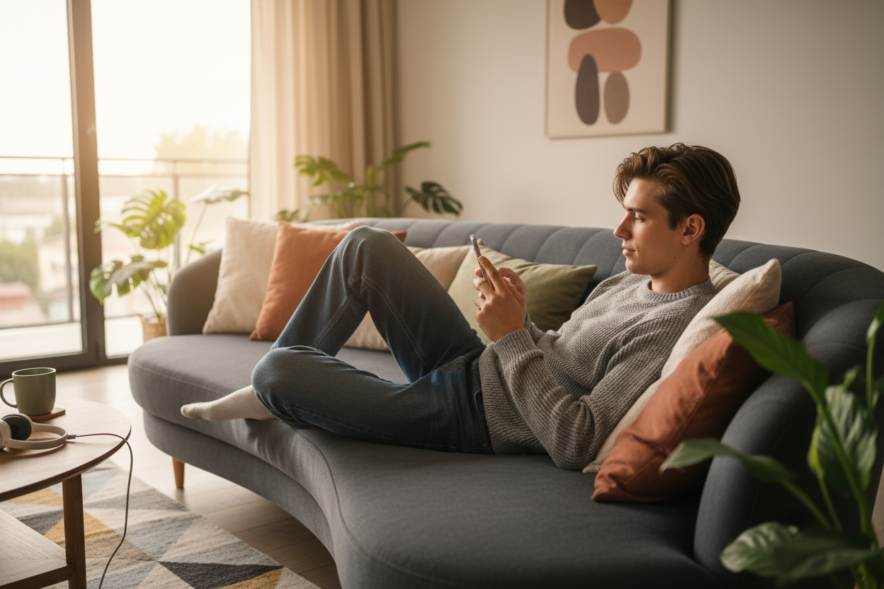 Young person relaxing on sofa with mobile